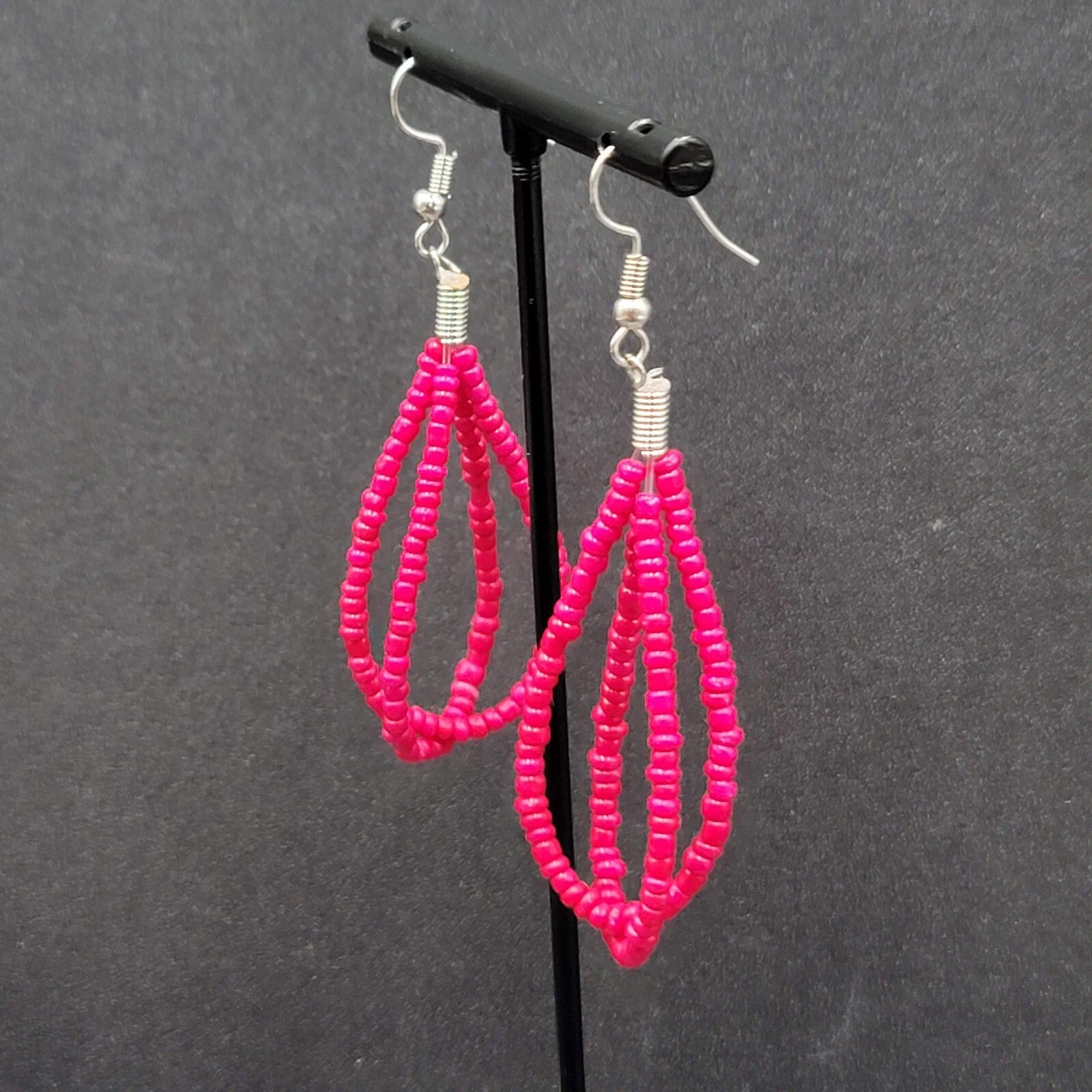 Pierced Earrings Red Seed Beaded Double Loops Dangle 2"