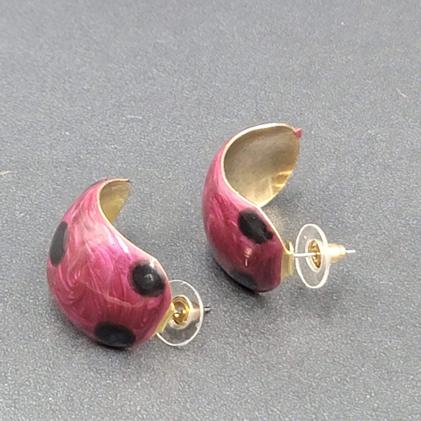 Vintage Pierced Earrings Polka Dot Purple Enamel Wide Hoops Dangle 1.25"