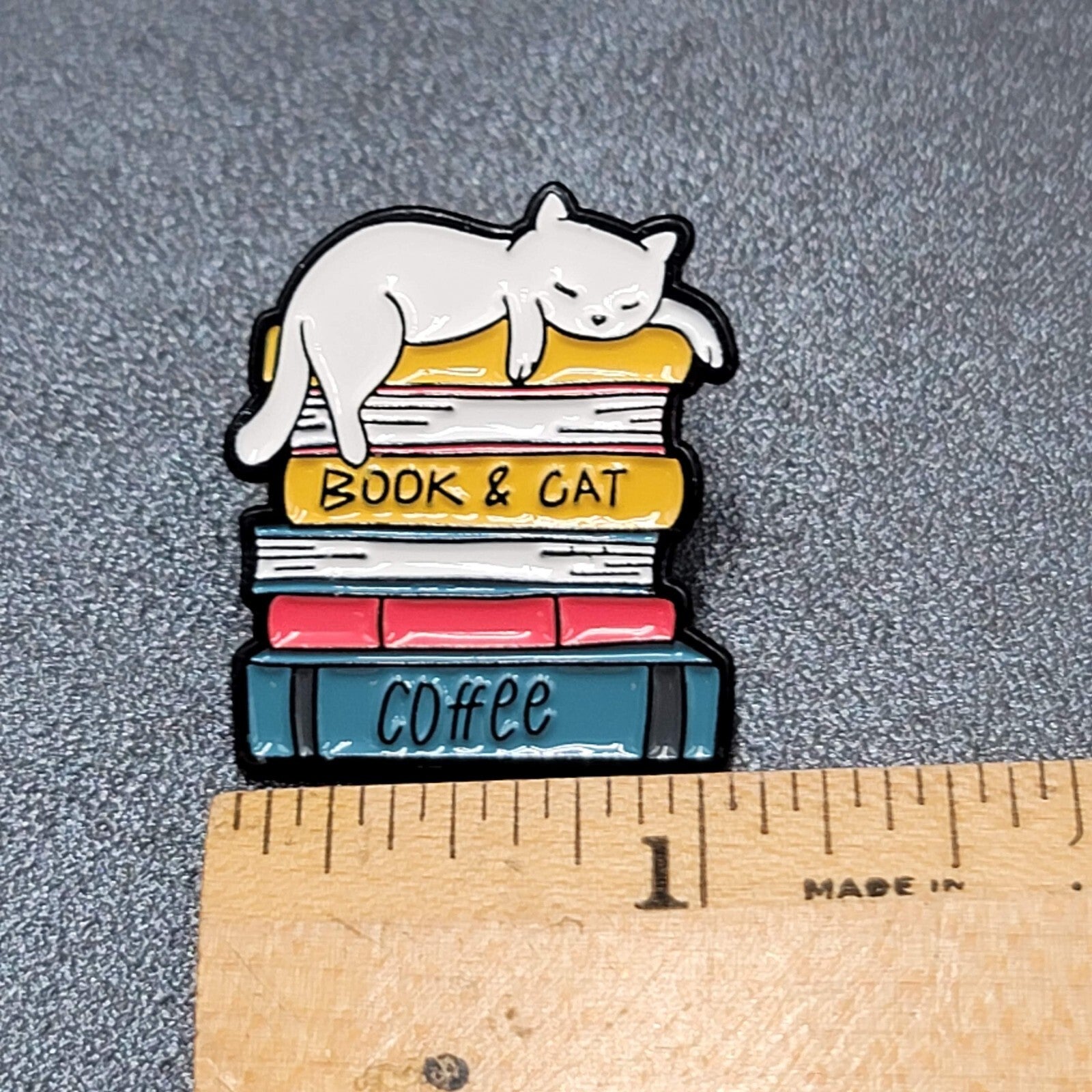 White Cat Enamel Lapel Hat Pin Book and Cat Coffee Multicolor  1.25"