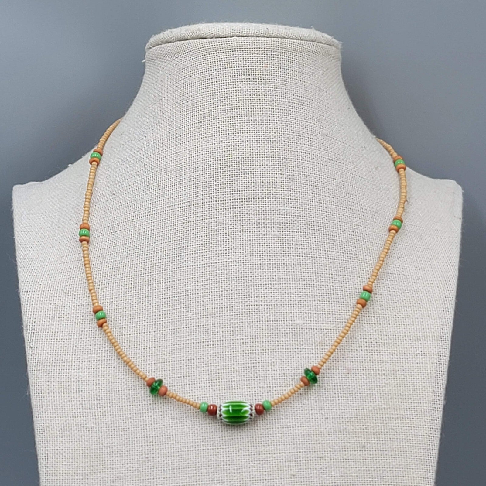 Art Glass Bead Necklace Tan Seed Bead Minimalist 16"