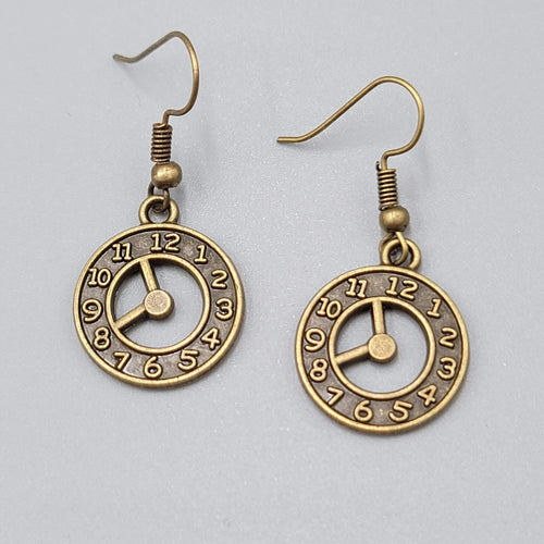 Clock Pierced Earrings Bronze tone Open Work Embossed Dangle New 7/8"