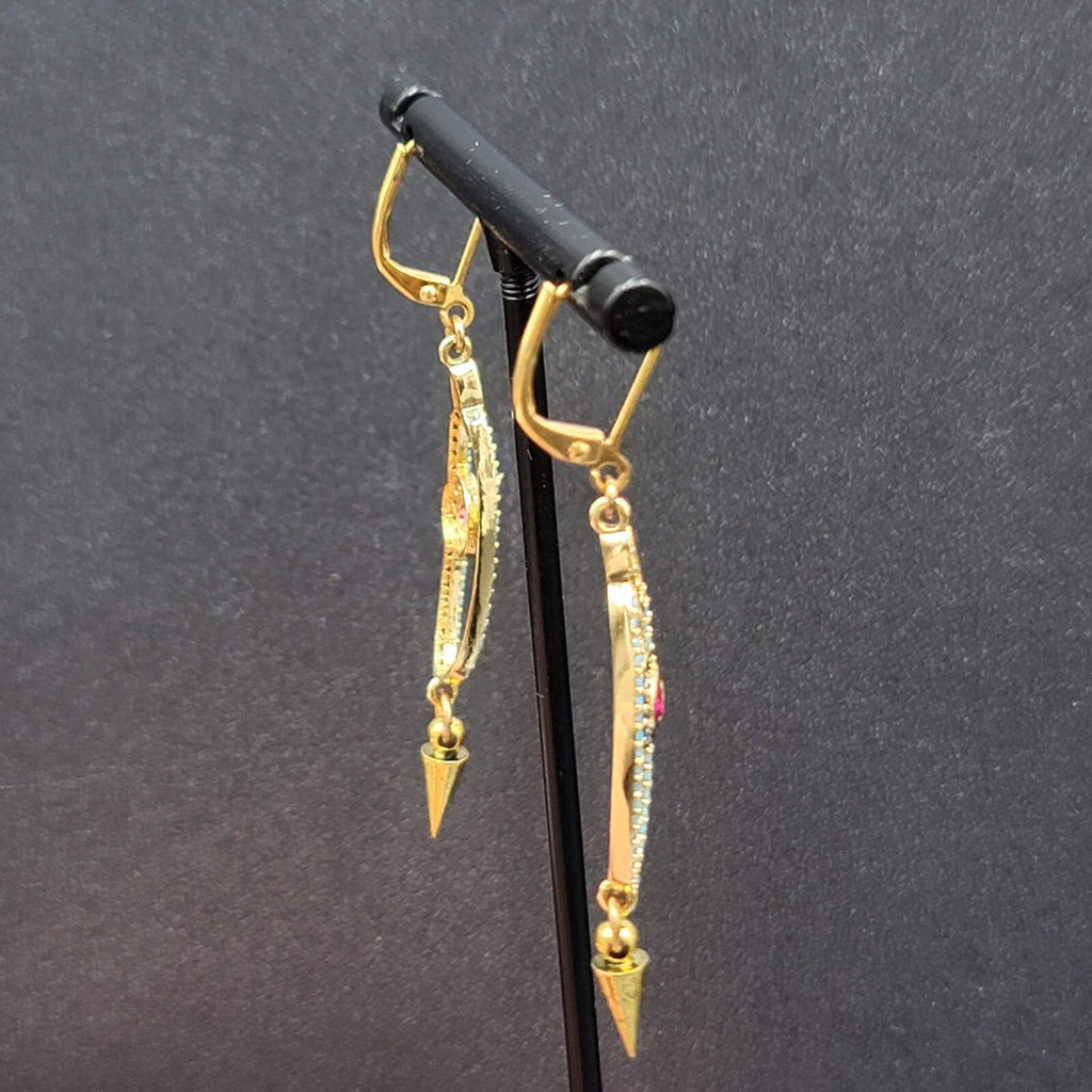 Pierced Earrings Gold tone Blue Pink Crystals Evil Eye Dangle 1 5/8"