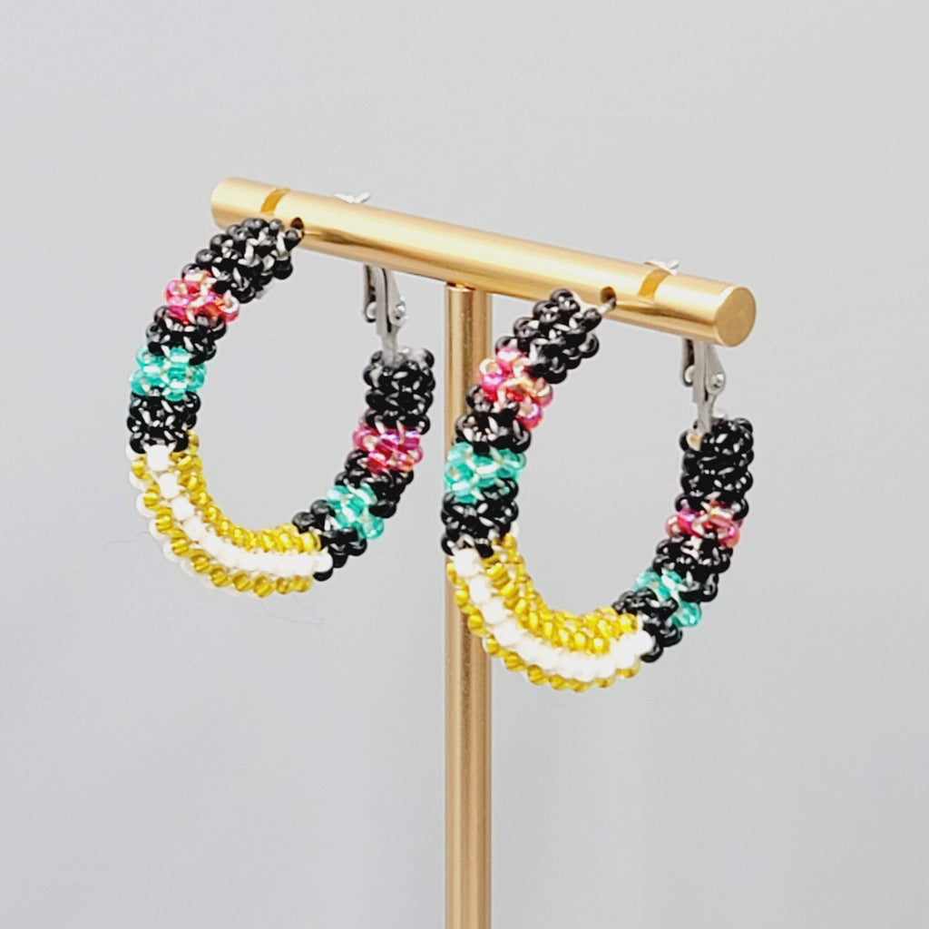 Multicolor Seed Bead Wrapped Hoops Pierced Earrings Silver tone 1.25"