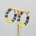Multicolor Seed Bead Wrapped Hoops Pierced Earrings Silver tone 1.25"