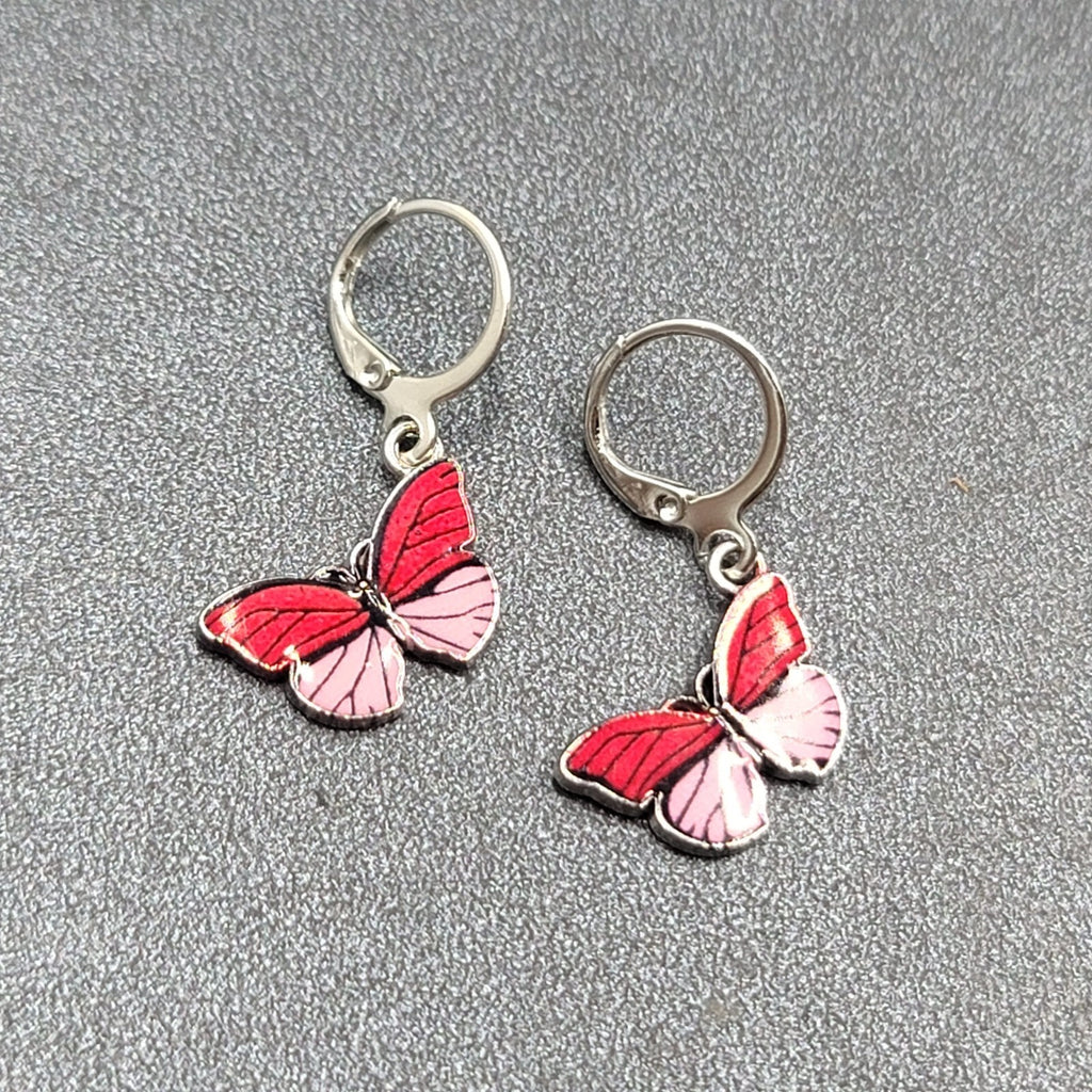 Pierced Earrings Silver tone Pink Butterfly Dangle 3/4"