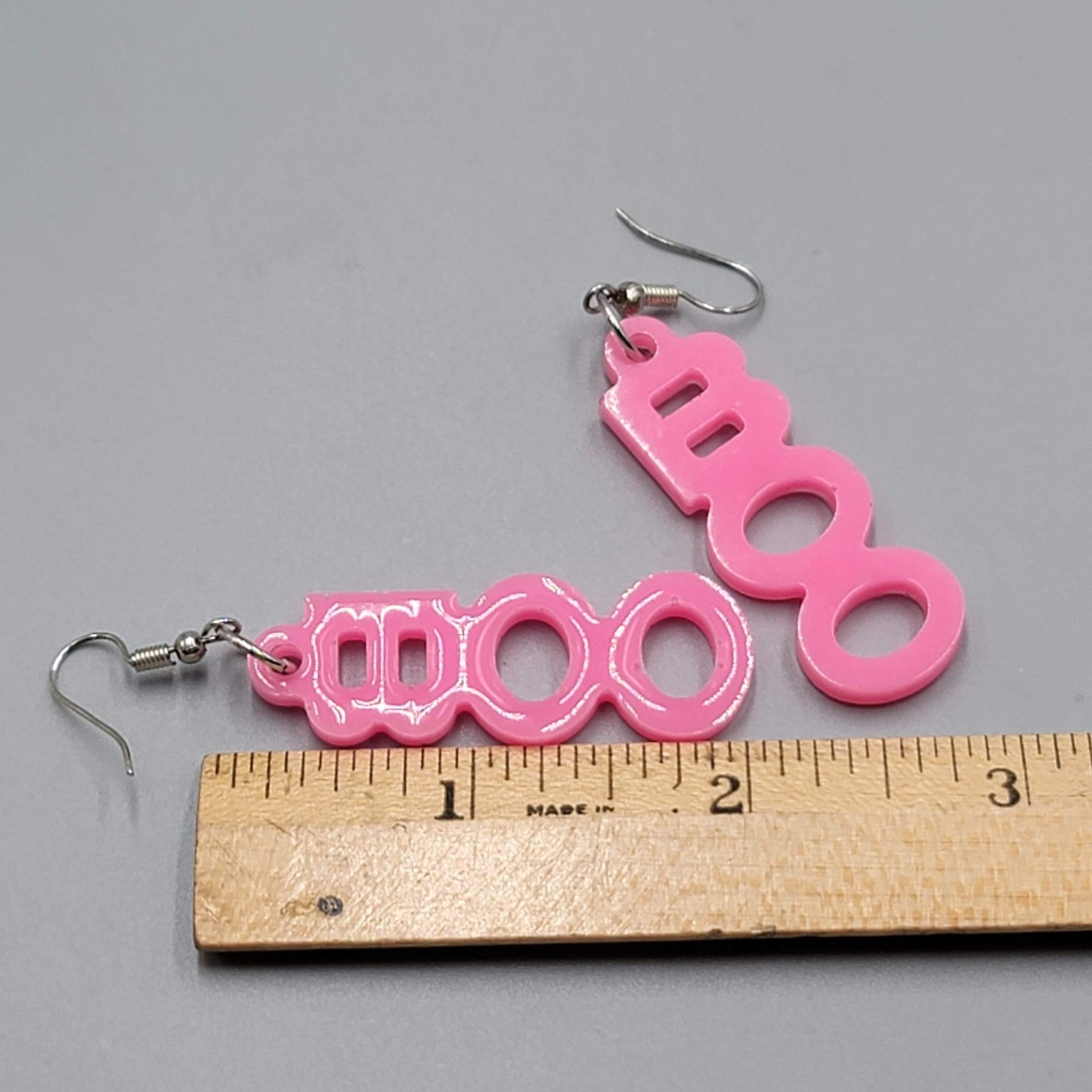 PInk BOO Pierced Earrings Silver tone Dangle 2"