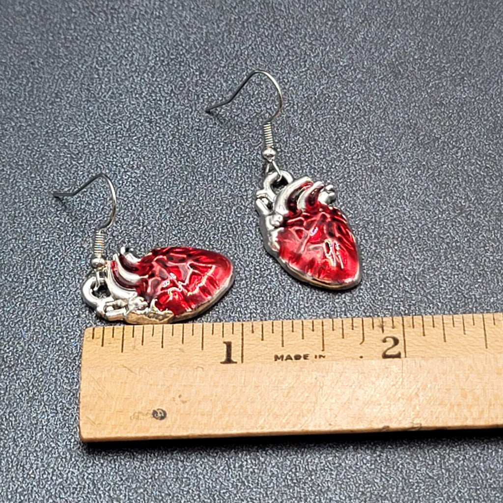 New Anatomical Heart Pierced Earrings Silver tone Red Goth Rock Dangle 1"
