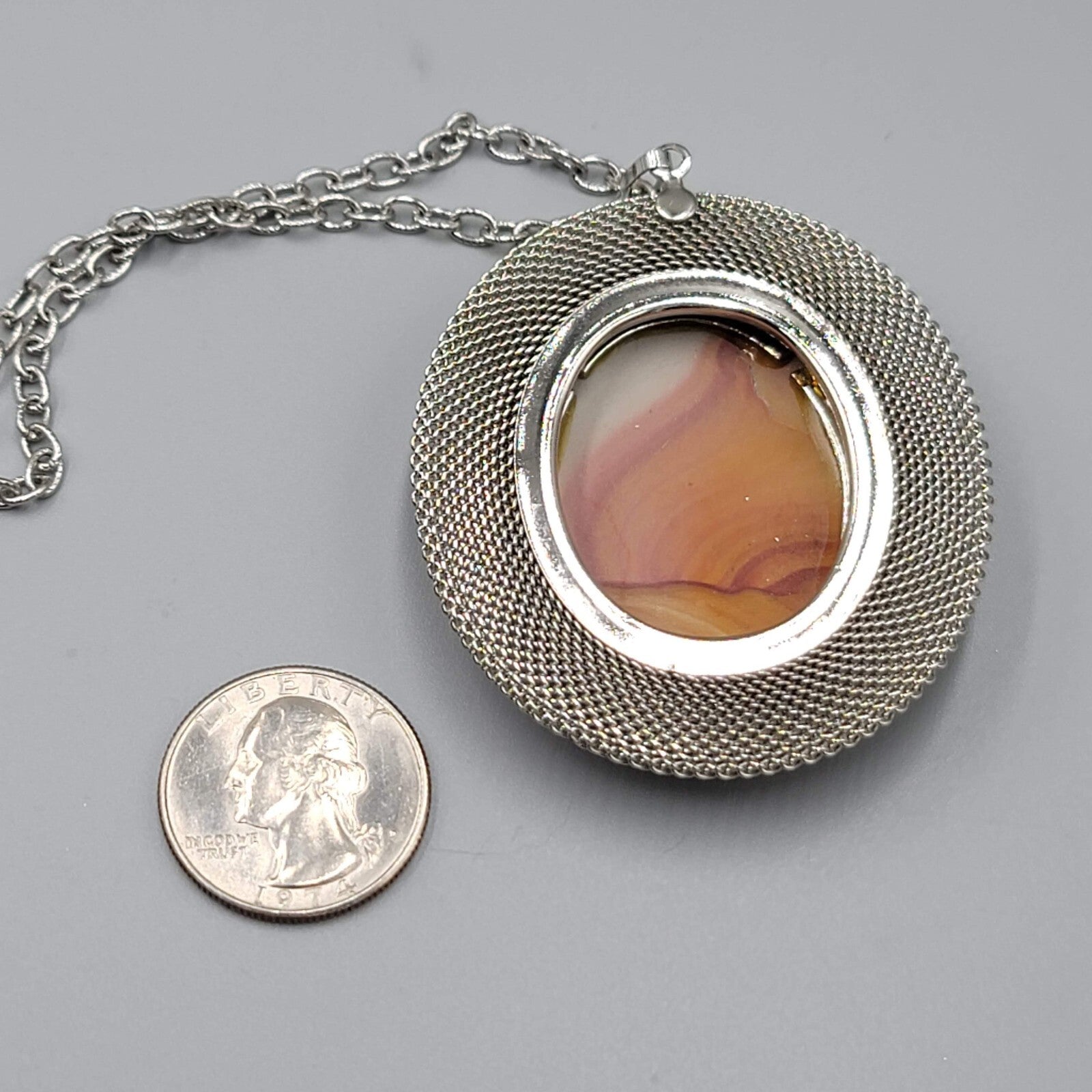 Vintage Large Pendant Necklace Silver tone Agate Oval Center 23" Chain