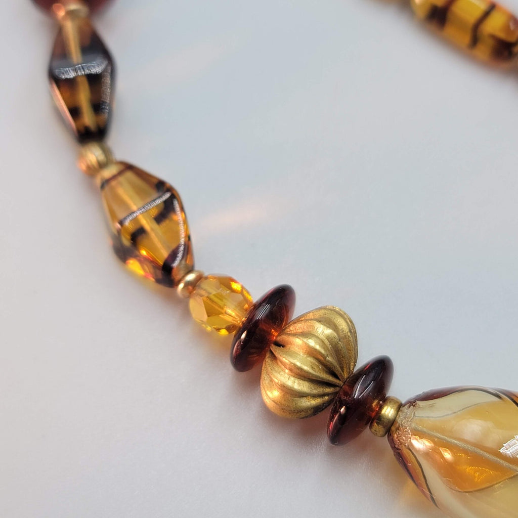 Brown Glass Bead Necklace Brass Bead 28"