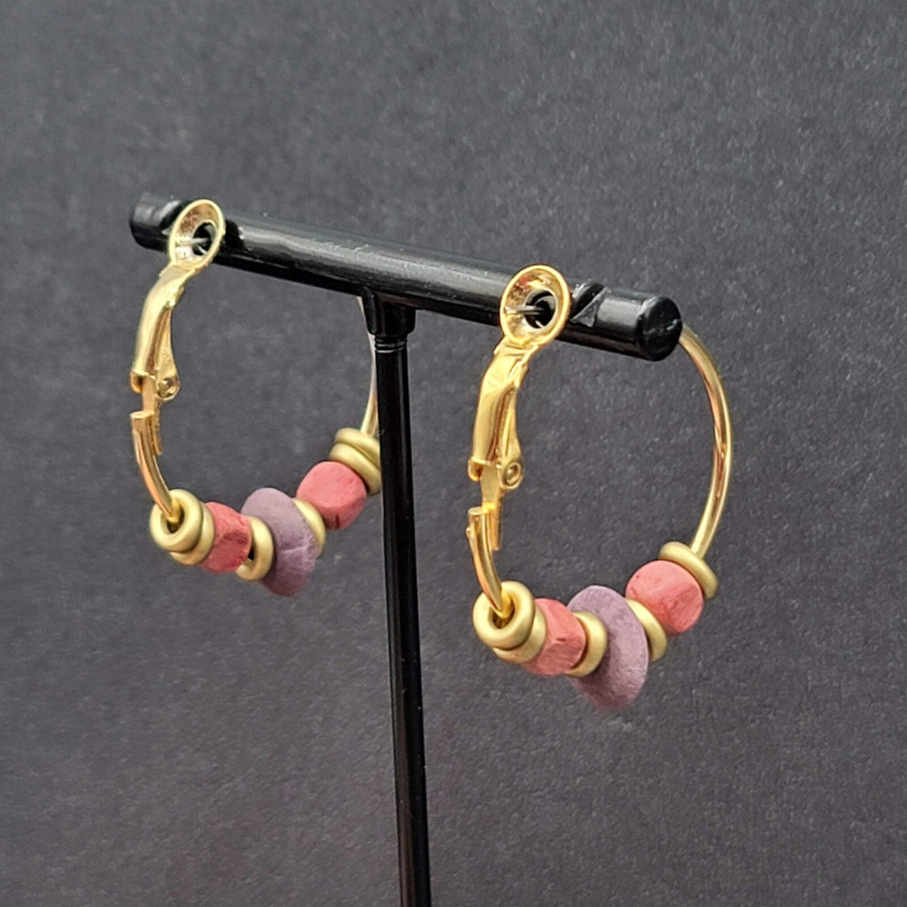 Vintage Pierced Earrings Gold tone Pink Purple Wood Beaded Hoops 1"