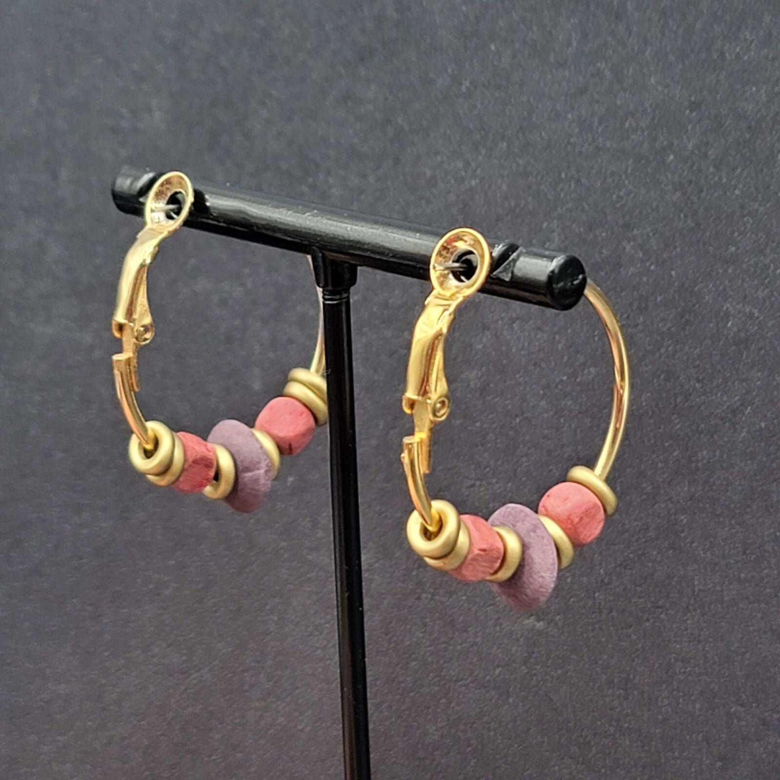 Vintage Pierced Earrings Gold tone Pink Purple Wood Beaded Hoops 1"