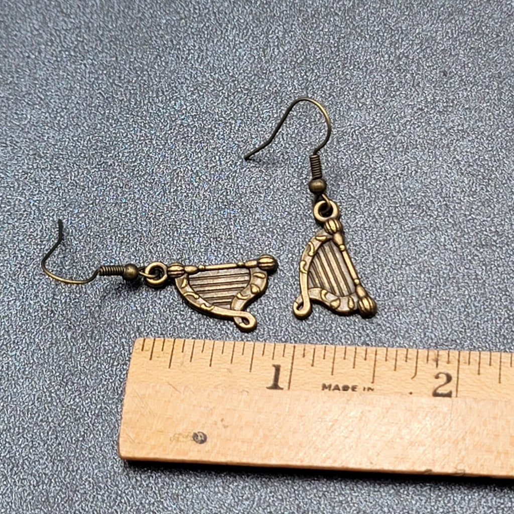 New Harp Pierced Earrings Bronze tone Embossed Dangle 7/8"