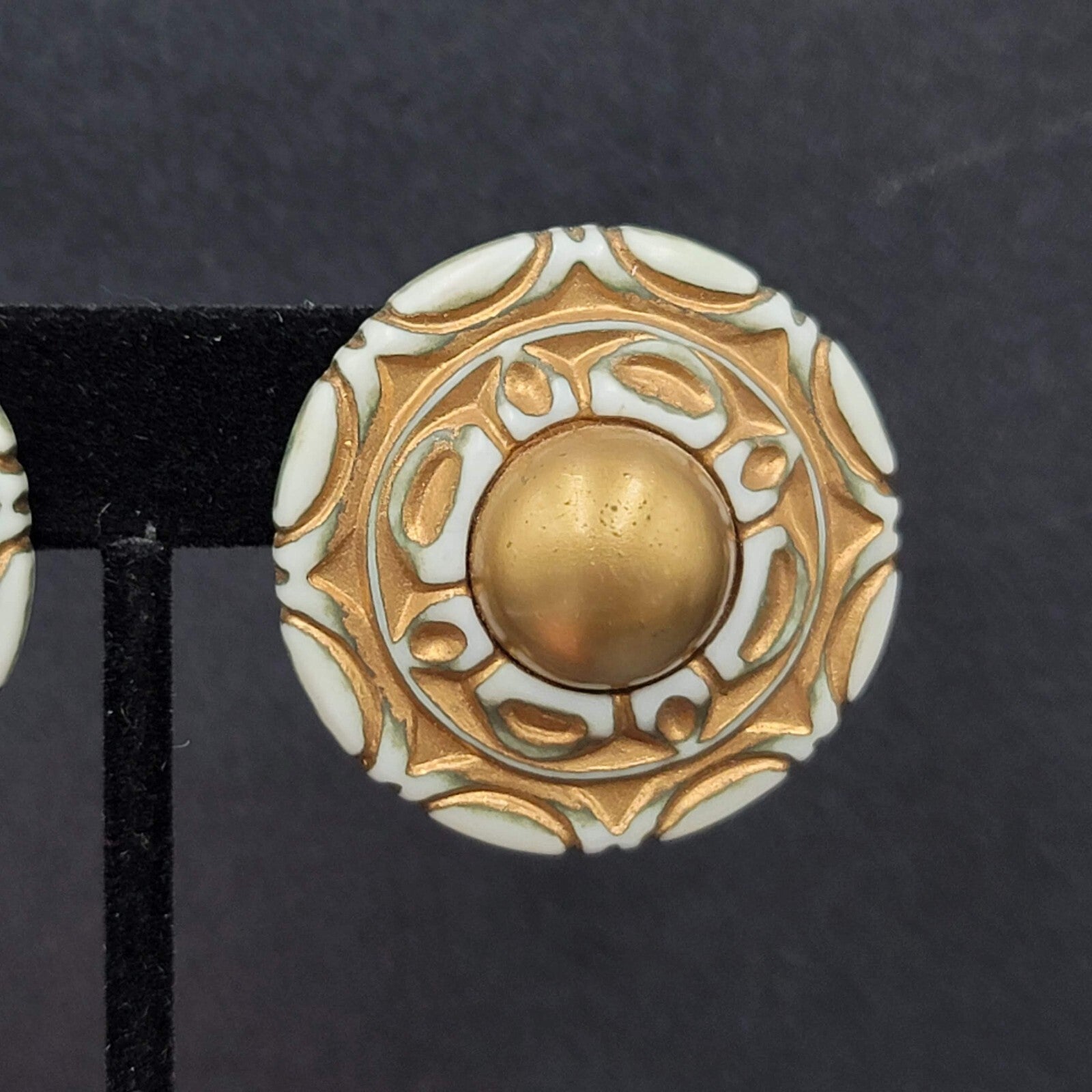 Vintage Pierced Earrings Large Statement Engraved Green Gold White Acrylic  1.5"