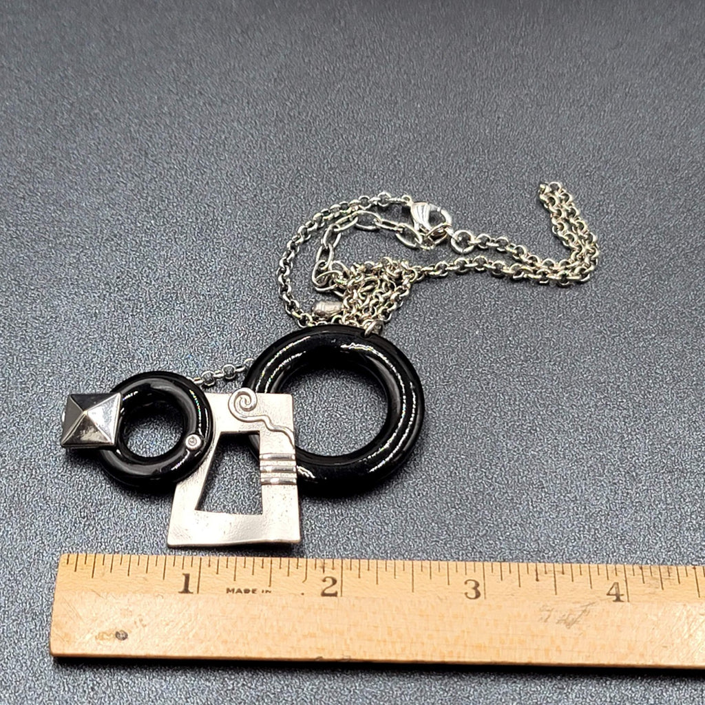Geometric Necklace Black Accent  Silver tone Chain 16"-19"