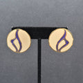 Vintage Pierced Earrings Gold tone Purple Tan Enamel Round Drop 1 1/8"