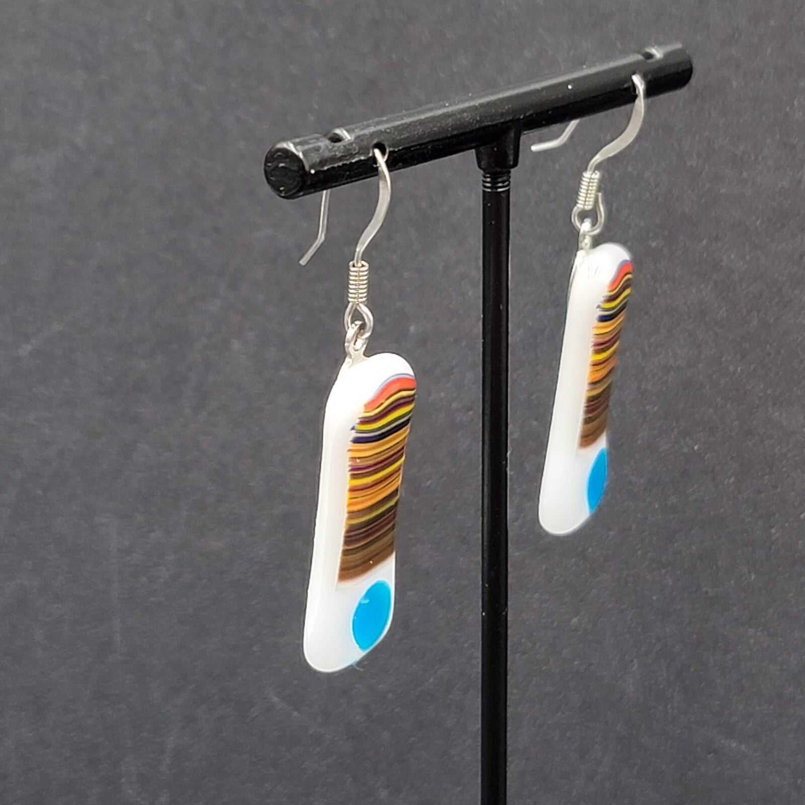 Artisan Art Glass Pierced Earrings Dangle White Multicolor 1.25"