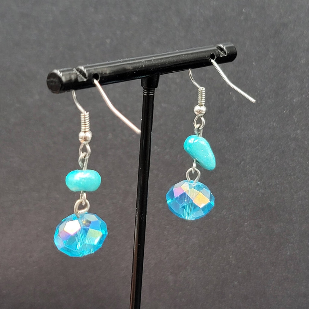 Pierced Earrings Silver tone Turquoise Stone Blue Crystal Bead Dangle 7/8"