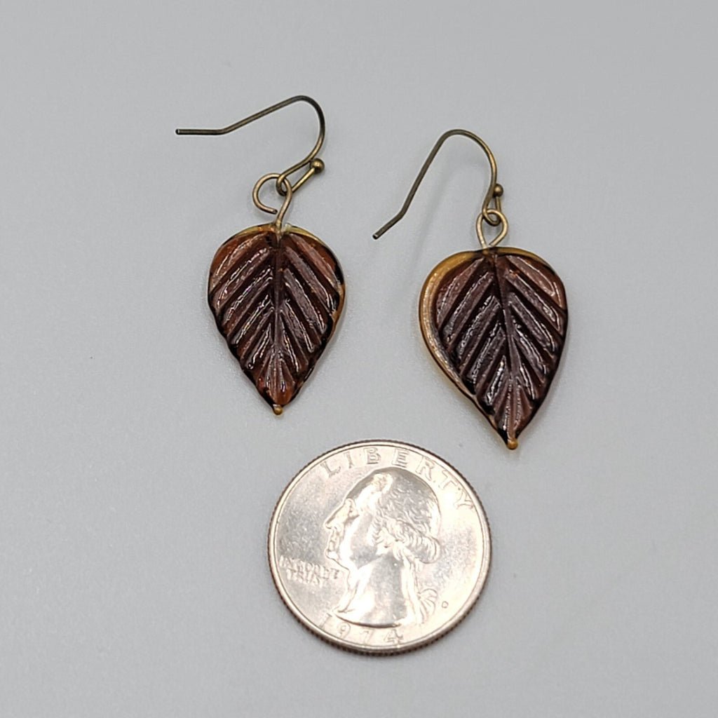 Pierced Earrings Brown Glass Leaf Dangle Bronze tone 1"
