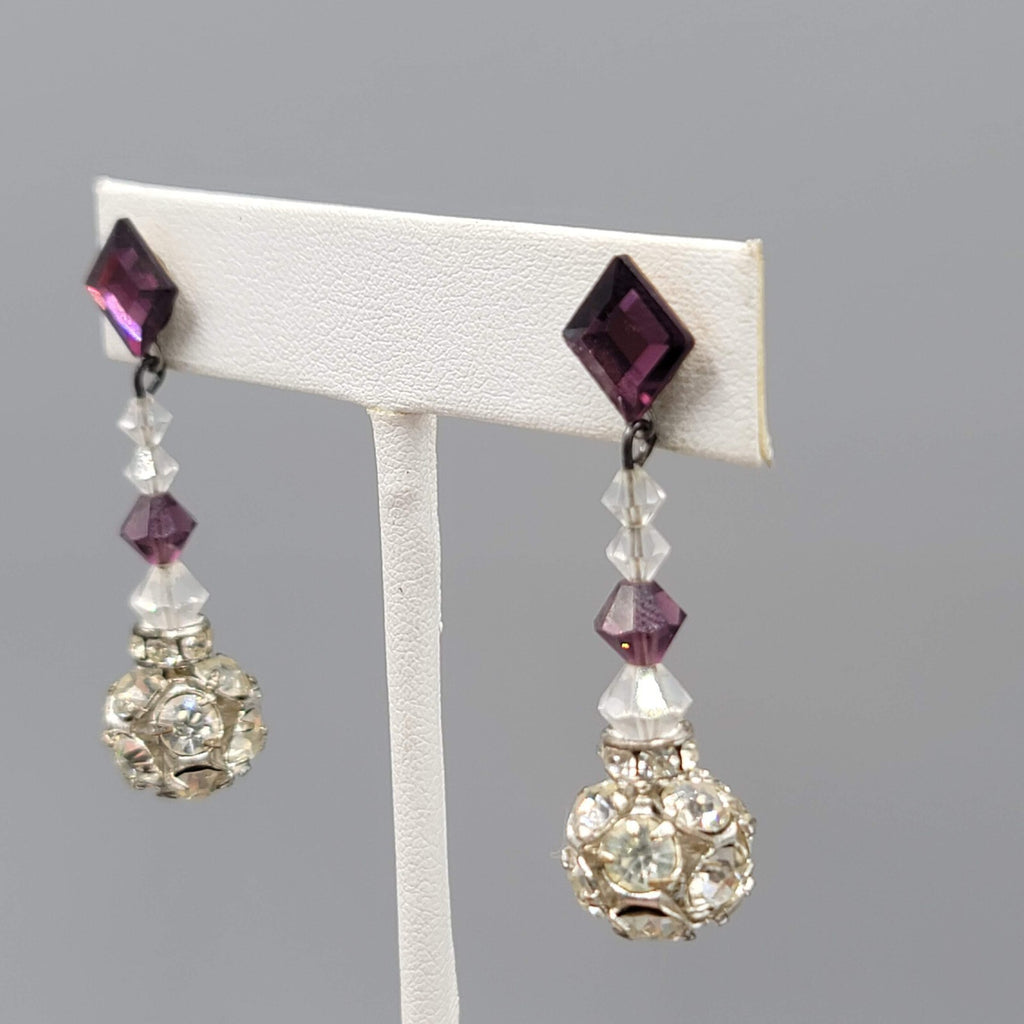 Vintage Purple Rhinestone Pierced Earrings Silver tone Bead Dangle  1.75"
