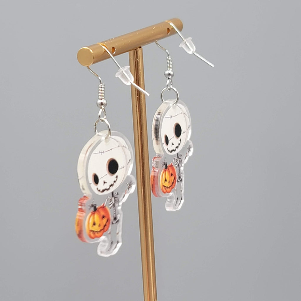 Halloween Skeleton Jack o Lantern Pierced Earrings Silver tone Dangle 1.5 in