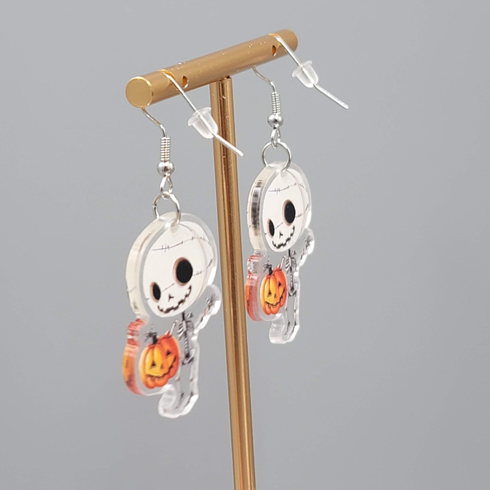 Halloween Skeleton Jack o Lantern Pierced Earrings Silver tone Dangle 1.5 in