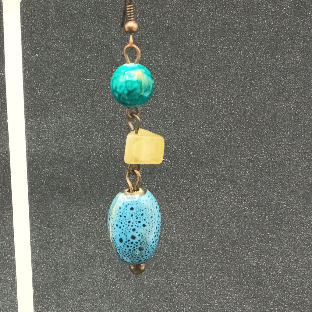 Pierced Earrings Blue Green Art Pottery Beaded Statement Dangle 2"