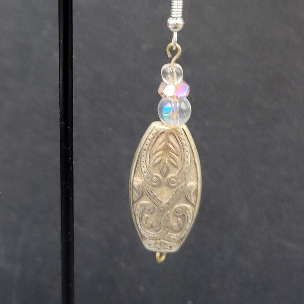 Pierced Earrings Silver tone Clear Purple Beaded Dangle 1.75"