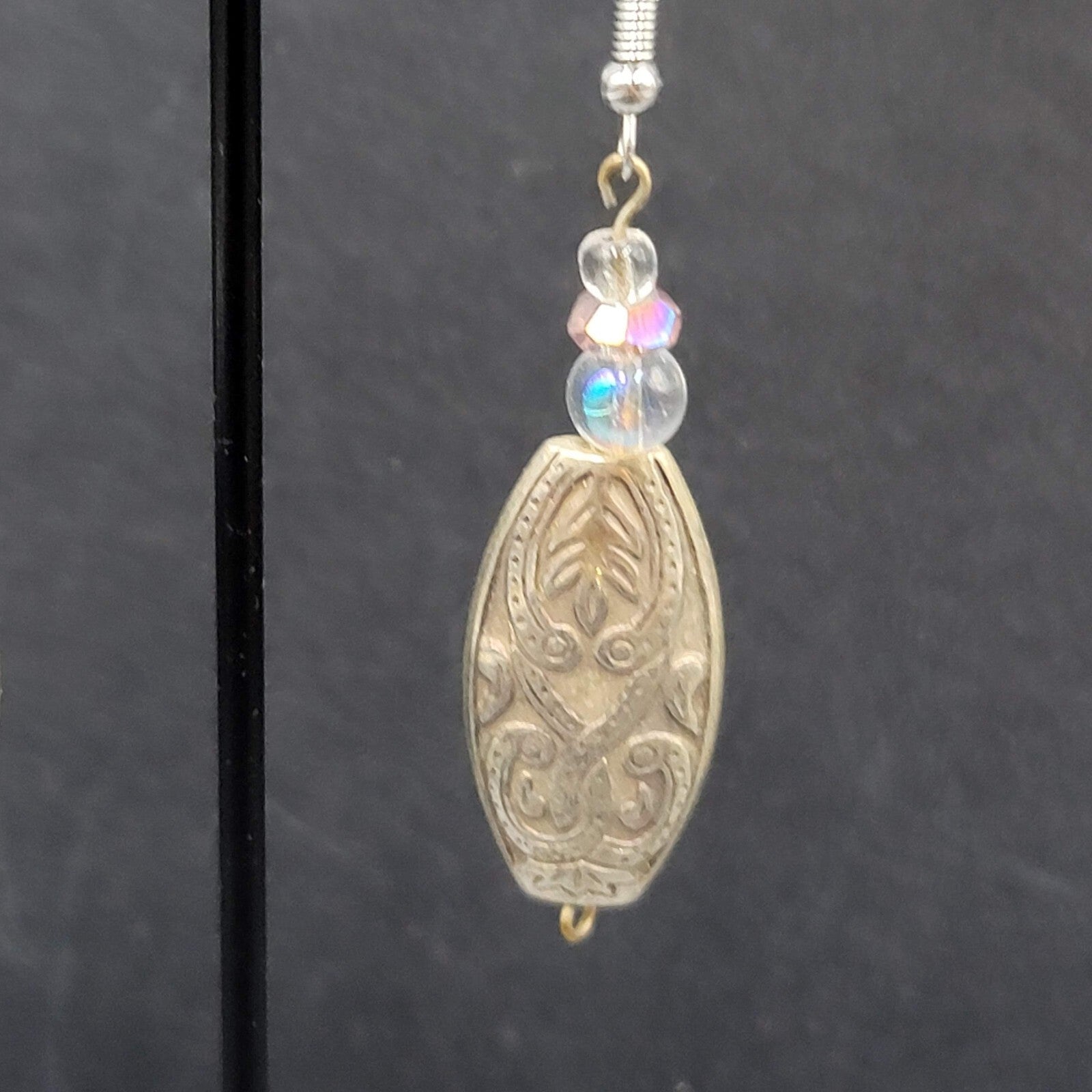 Pierced Earrings Silver tone Clear Purple Beaded Dangle 1.75"
