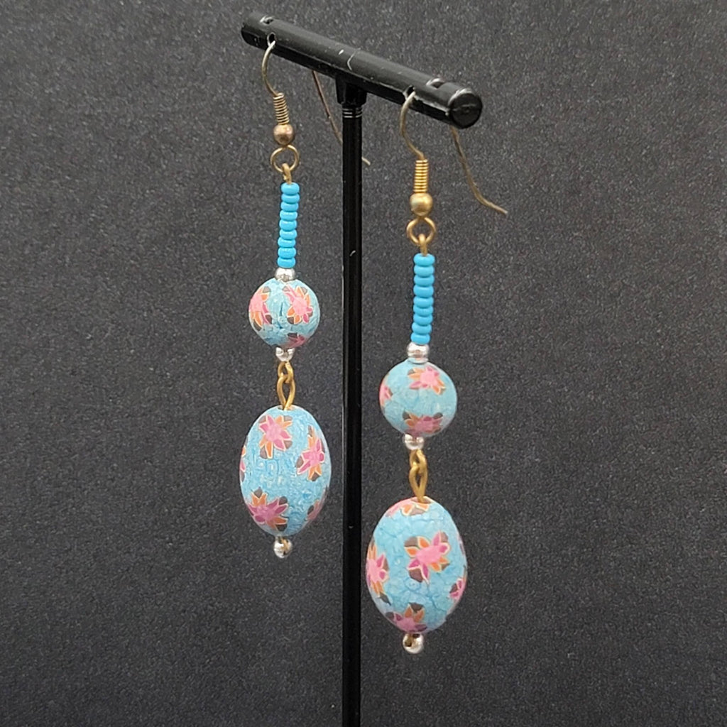 Vintage Pierced Earrings Gold tone Blue Flower Bead Long Dangle 2.25"