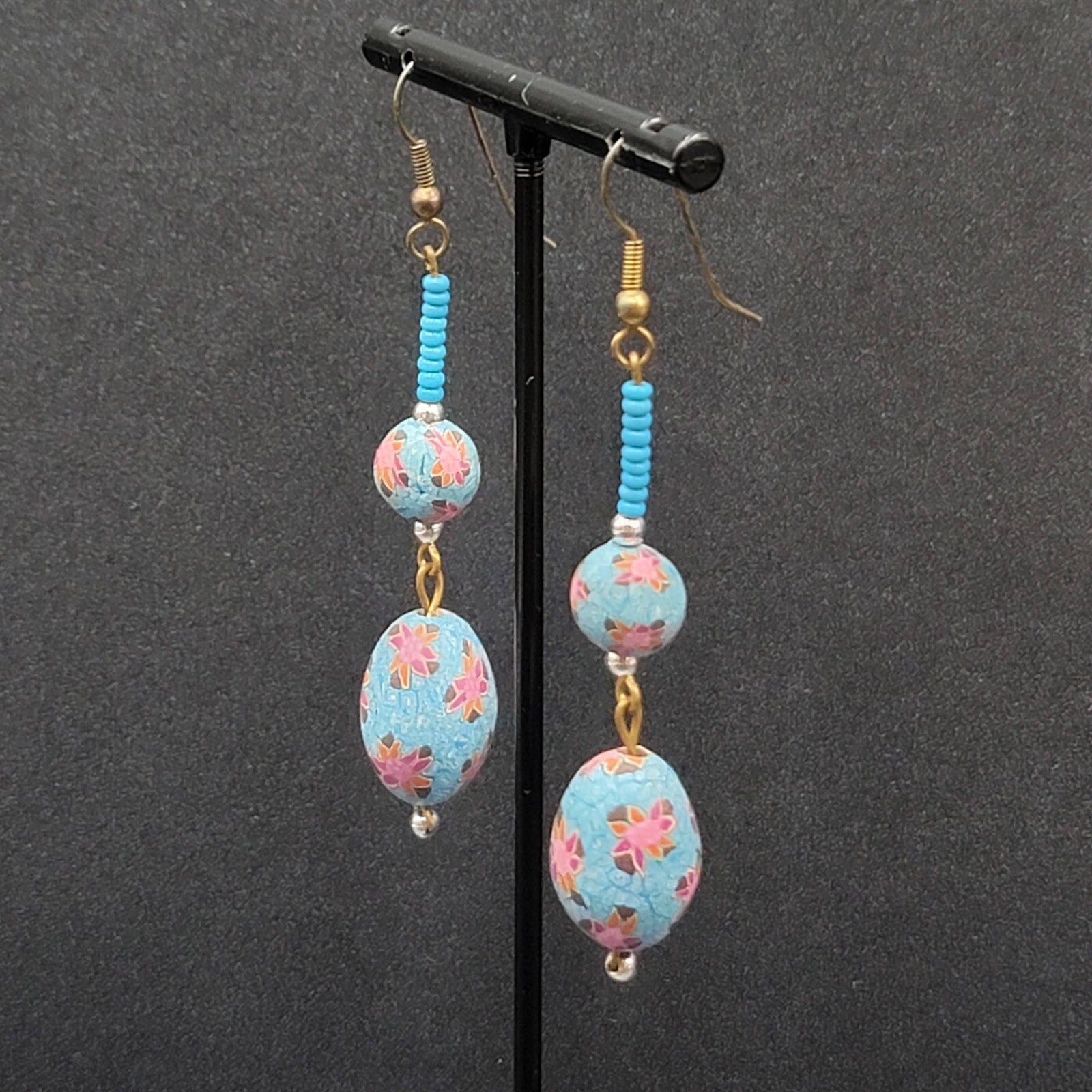 Vintage Pierced Earrings Gold tone Blue Flower Bead Long Dangle 2.25"