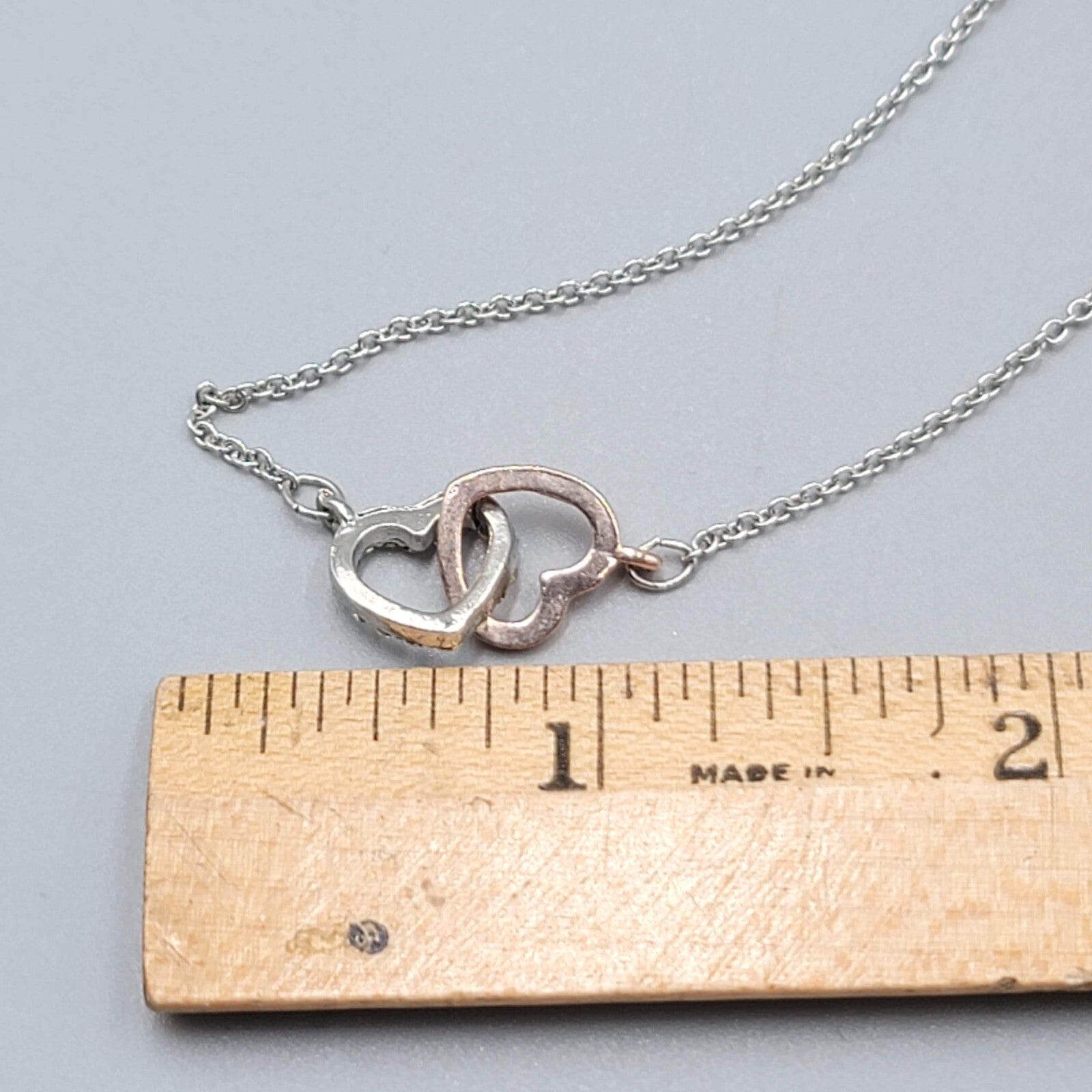 Double Heart Necklace Silver tone Two Toned Crystal 18"