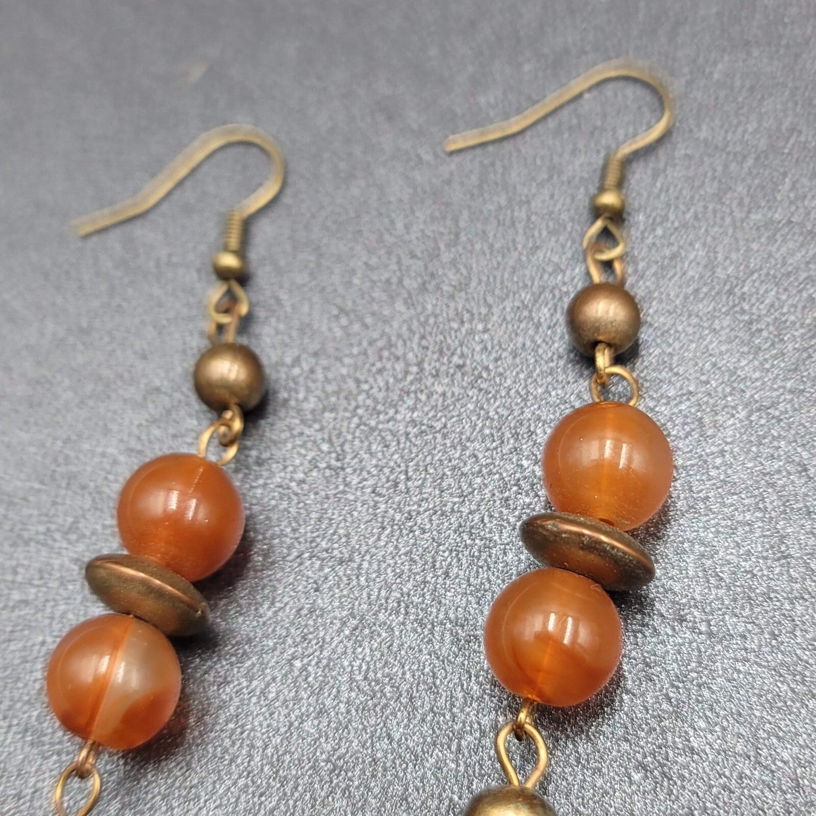 Pierced Earrings Gold tone Multi Chain Orange Bead Extra Long Dangle 4"