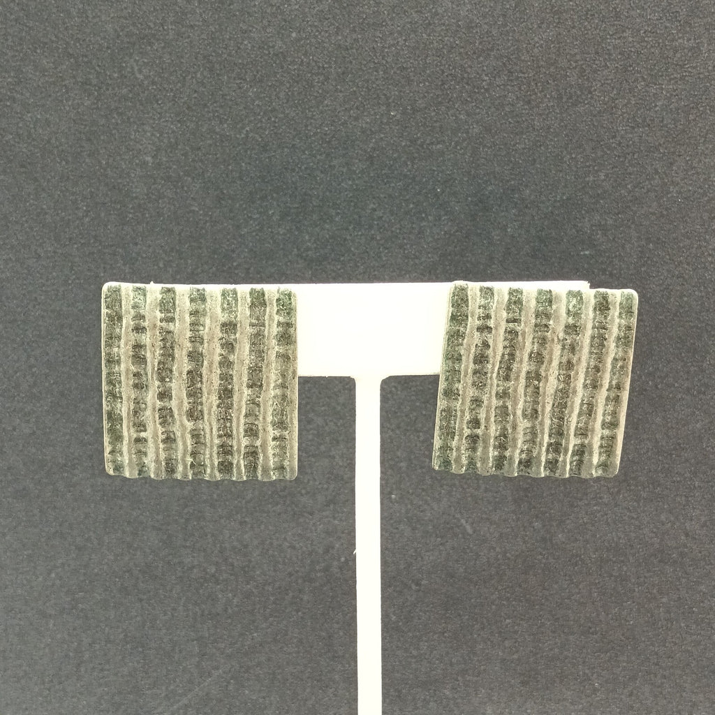 Pierced Earrings Silver tone Corrugated Metal Square Drop 1 1/8"
