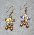 Pierced Earrings Brass Flower Blue Enamel Dangle 1.25"