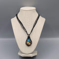 Art Glass Pendant Necklace Teardrop Flower Black Ribbon Cord 18"-19"
