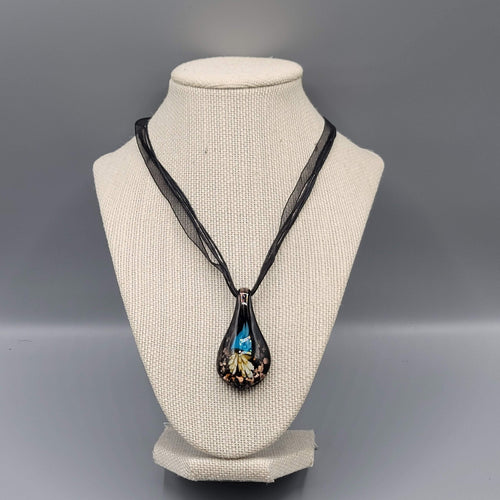 Art Glass Pendant Necklace Teardrop Flower Black Ribbon Cord 18"-19"