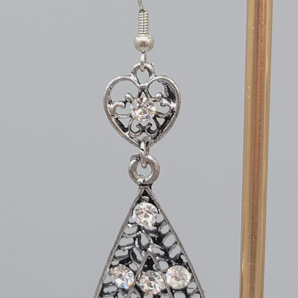 Heart Rhinestone Pierced Earrings Oxidized Silver tone Dangle Long 2.75"