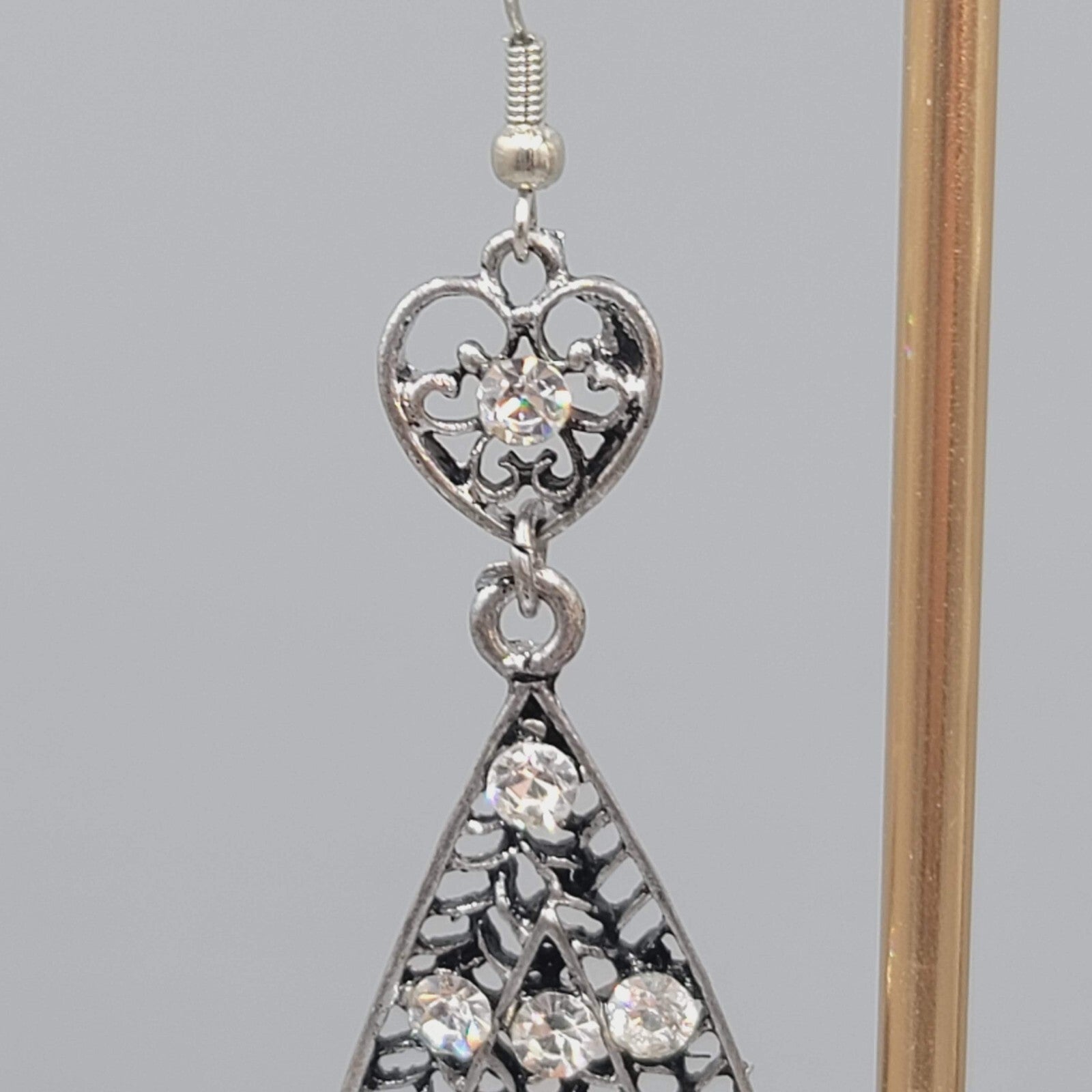 Heart Rhinestone Pierced Earrings Oxidized Silver tone Dangle Long 2.75"