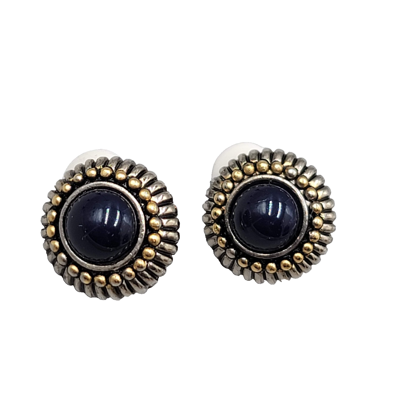 Vintage Navy Blue Cabochon Clip on Earrings Silver & Gold Plated 7/8 in