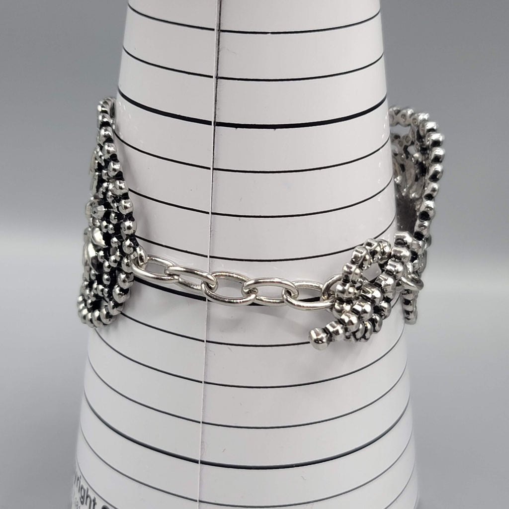 Large Boho Statement Bracelet Dark Silver tone Open Work Toggle 7"