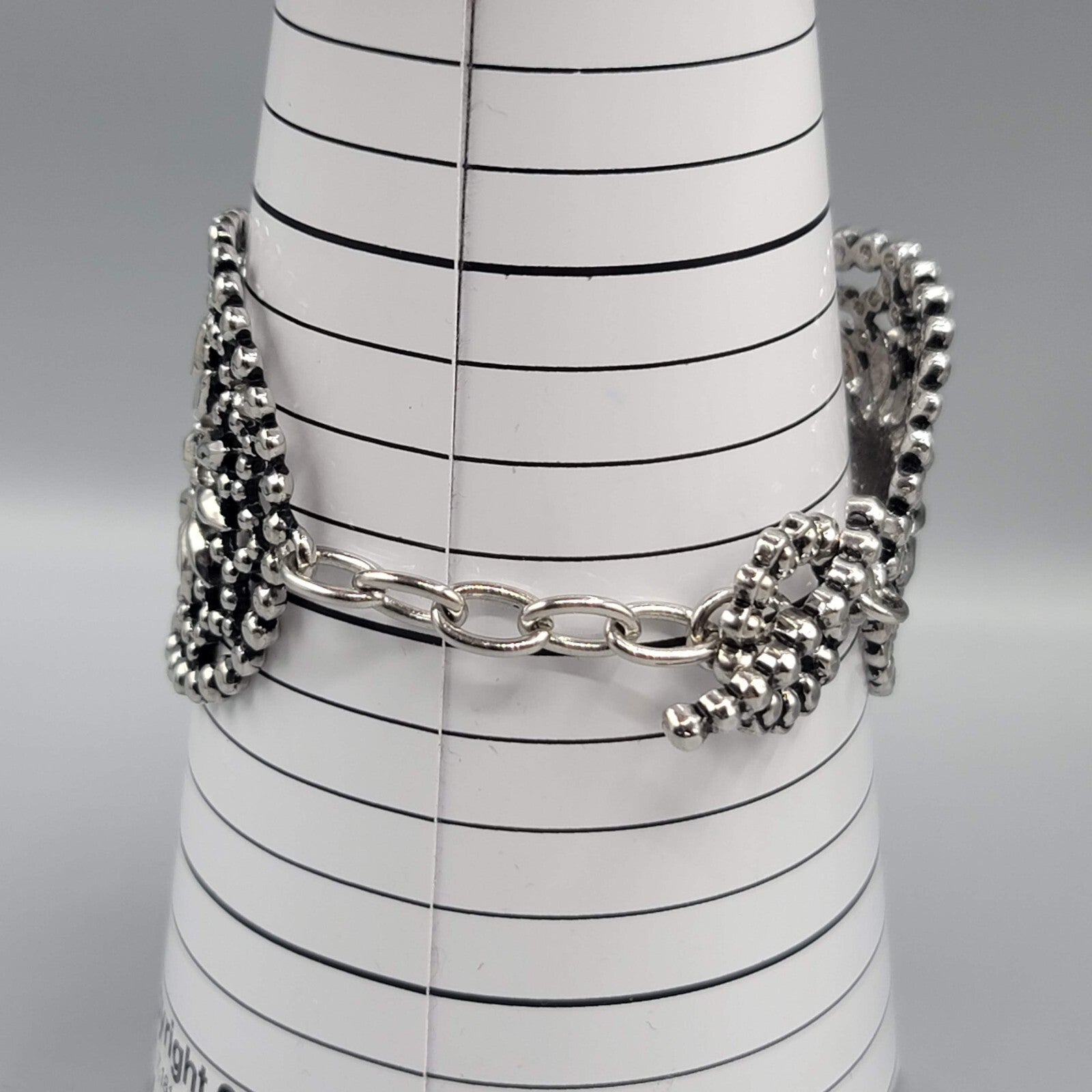 Large Boho Statement Bracelet Dark Silver tone Open Work Toggle 7"