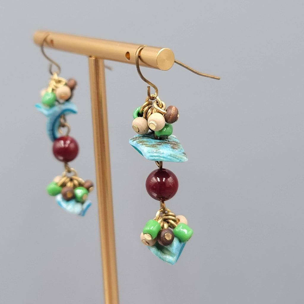 Real Shell Wood Glass Bead Pierced Earrings Silver tone Dangle 1.75"