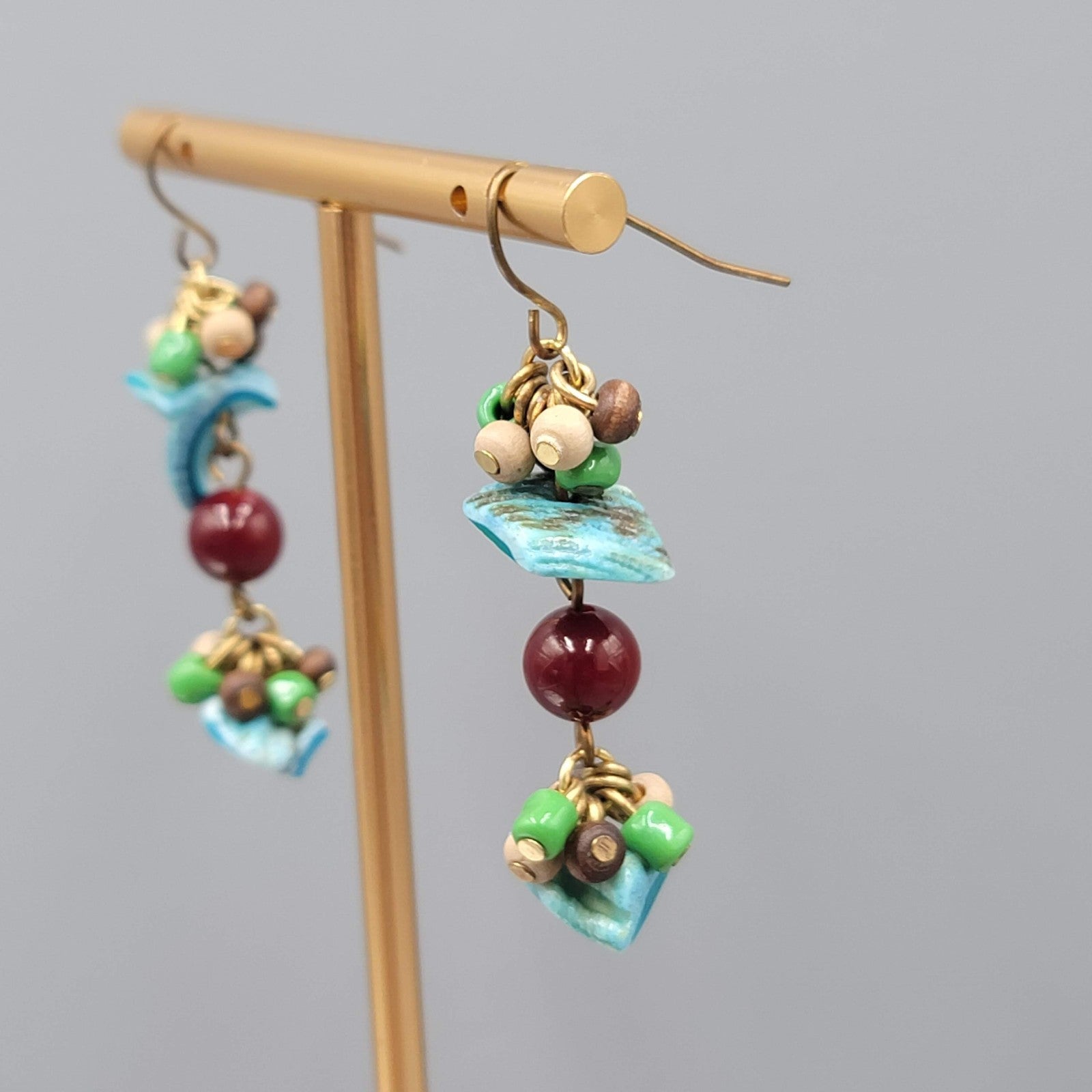 Real Shell Wood Glass Bead Pierced Earrings Silver tone Dangle 1.75"