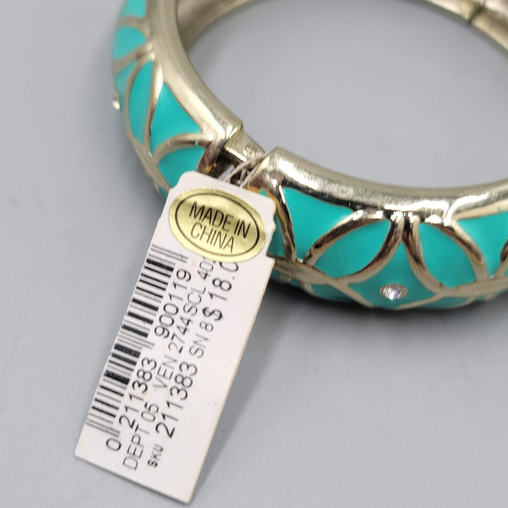 Dress Barn Bracelet NWT Teal Enamel Crystal Hinged Bangle Gold tone 7 in