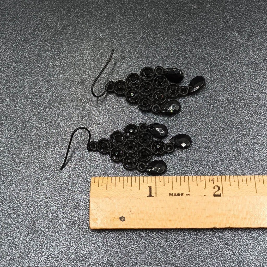 Pierced Earrings Black Metal Faceted Acrylic Chandelier Statement Dangle 1 3/4"