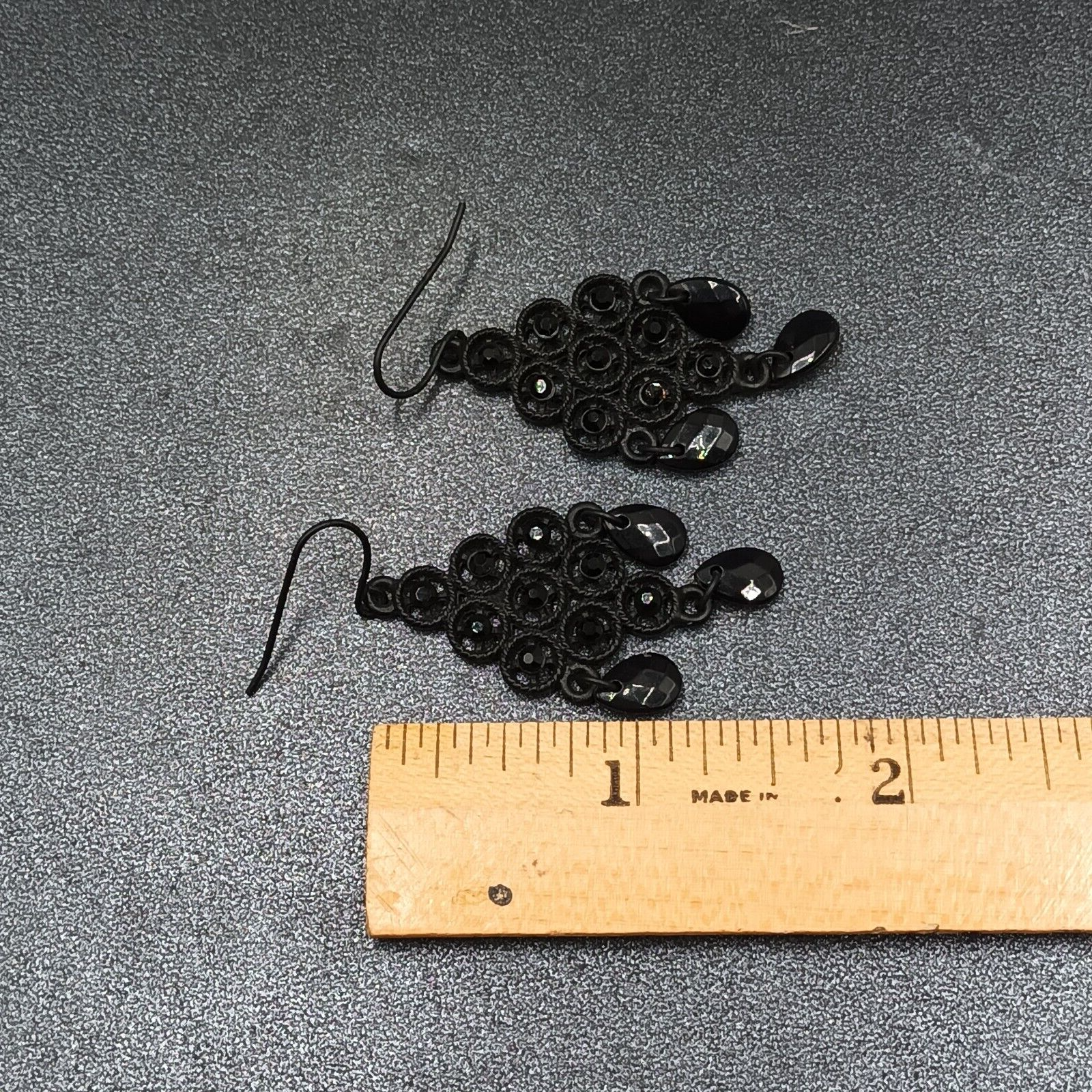Pierced Earrings Black Metal Faceted Acrylic Chandelier Statement Dangle 1 3/4"
