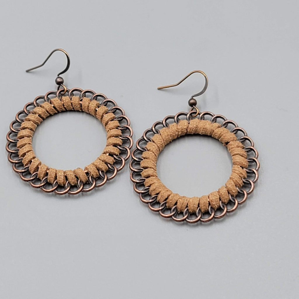 Pierced Earrings Bronze tone Dangle Faux Suede Leather Wrapped 1 5/8"