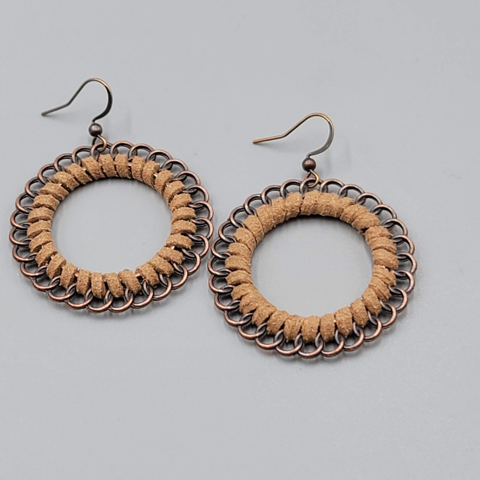 Pierced Earrings Bronze tone Dangle Faux Suede Leather Wrapped 1 5/8"