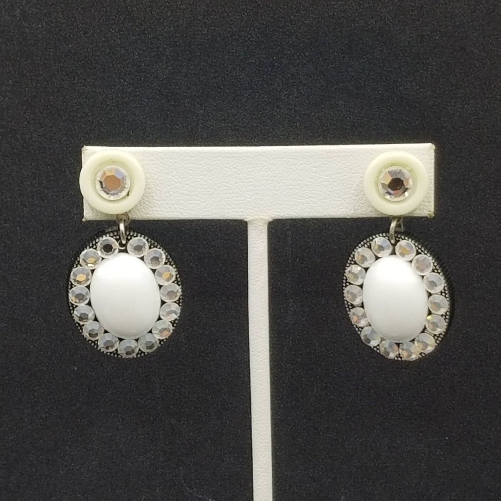 Pierced Earrings Black White Acrylic Oval Button Crystal Statement Dangle 1 5/8"