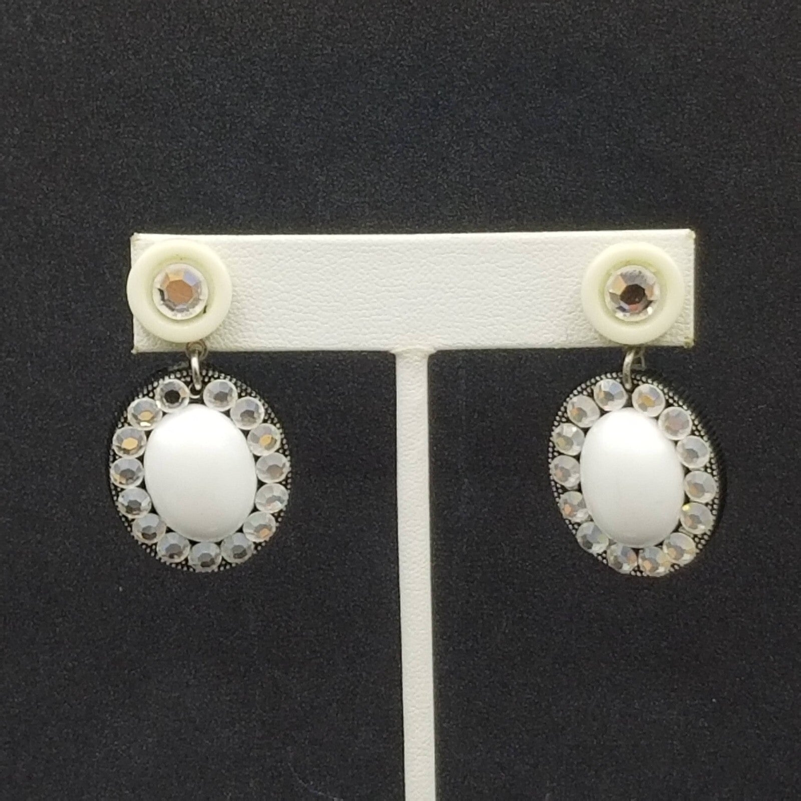 Pierced Earrings Black White Acrylic Oval Button Crystal Statement Dangle 1 5/8"